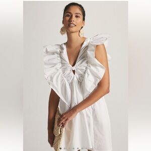 Anthropologie Blue Tassel White Ruffle Mini Dress